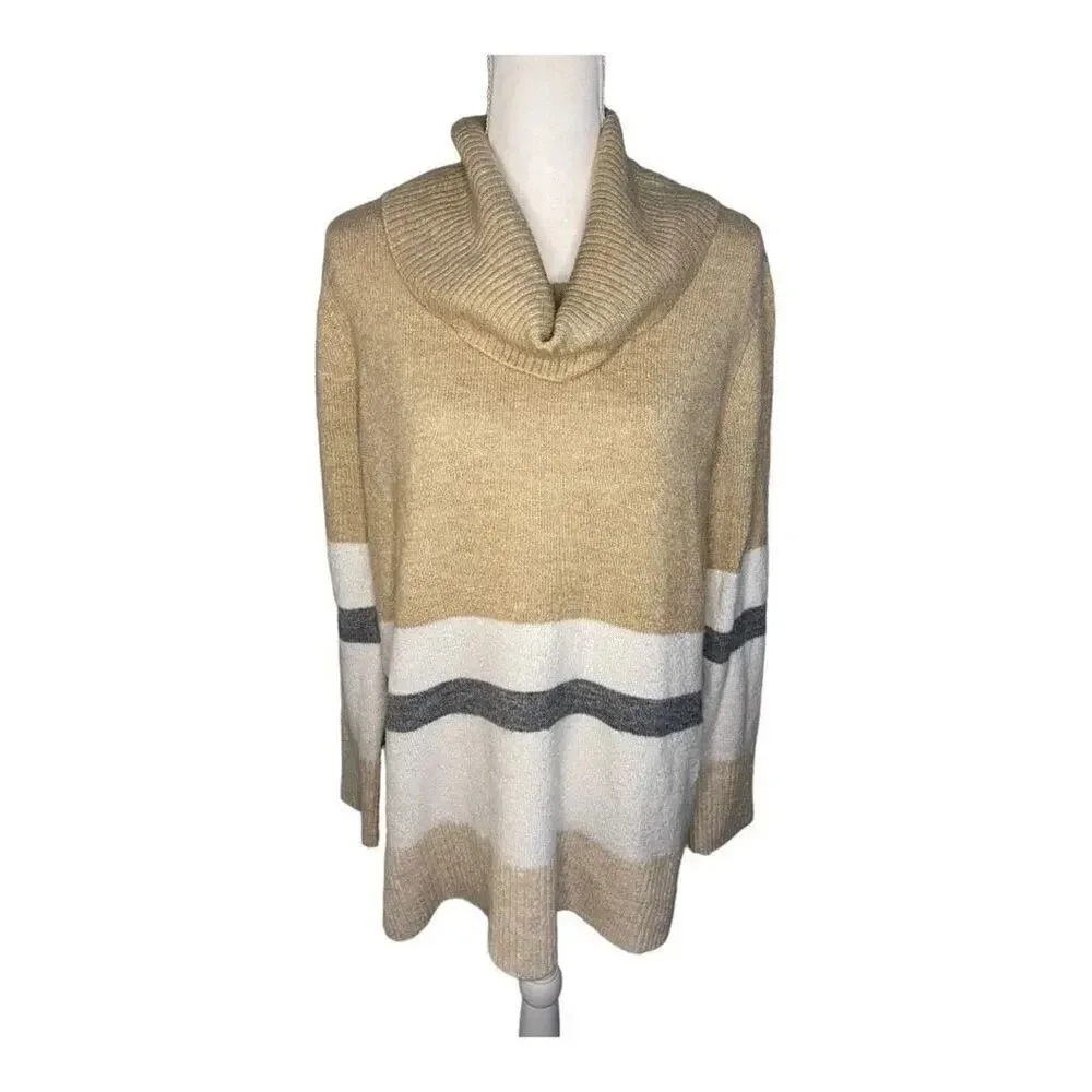 DKNY Women’s Large Tan, Gray, & White Striped Cowl Neck Cozy Knit Sweater